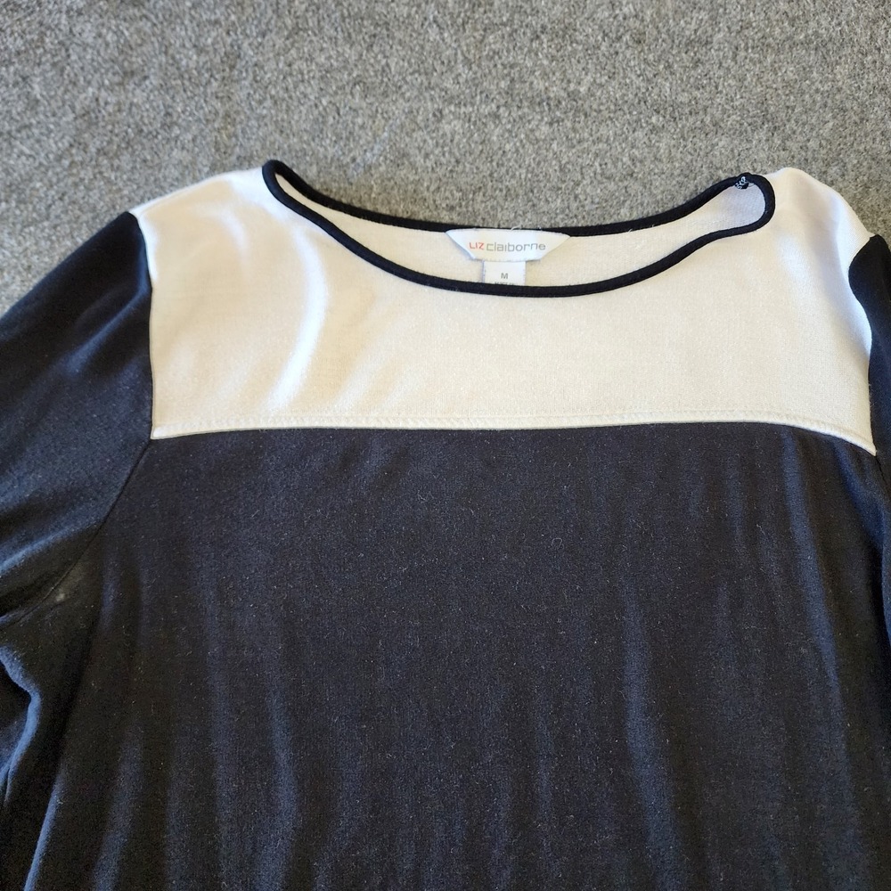 Liz Claiborne Womens Medium Black Ivory Colorblock Tunic Top Rayon Stretch